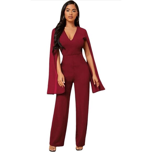 WDIRARA Pants - NEW Deep V Neck Split High Waist Jumpsuit Wide Leg Romper XL